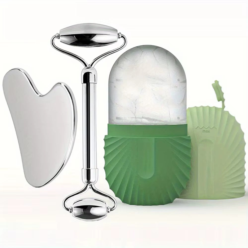 3In1 Stainless Steel Ice Face Roller & Gua Sha Facial Skincare Tool Kit Face Lifting Facial Treatment Reduce Acne Skin Care Tool