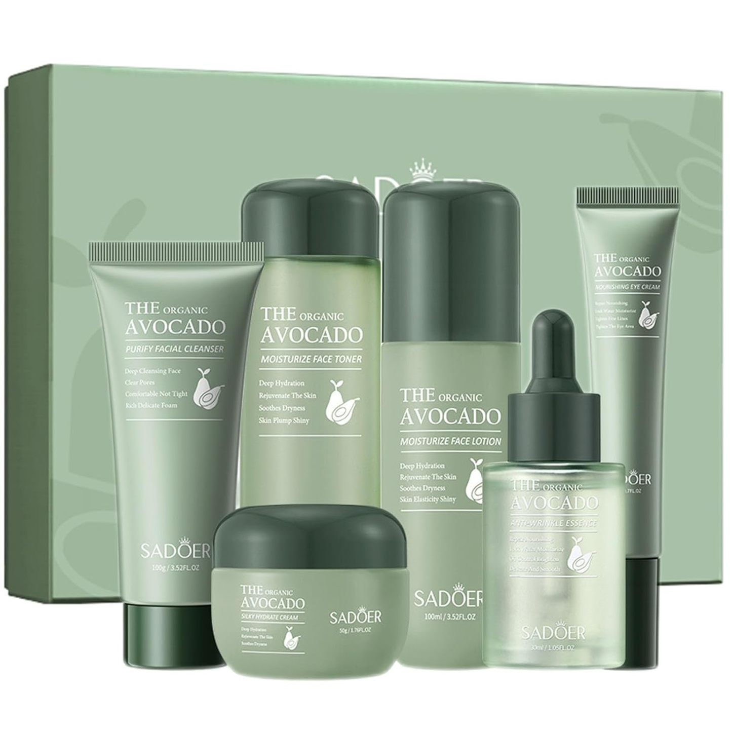 Avocado Skincare Sets, 6Pcs Skincare Gift Set with Facial Cleanser, Face Serum, Face Cream, Eye Cream, Toner, Moisturizing Lotion, Skin Care Sets & Kits, Hydrating Facial Kit for men and women